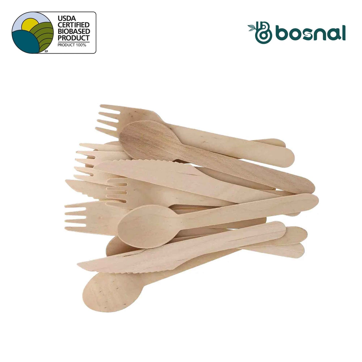 Bosnal – Wooden Disposable Cutlery Set, 6.5 inch, 100 Pcs, Birch Wood Spoons, Forks & Knives