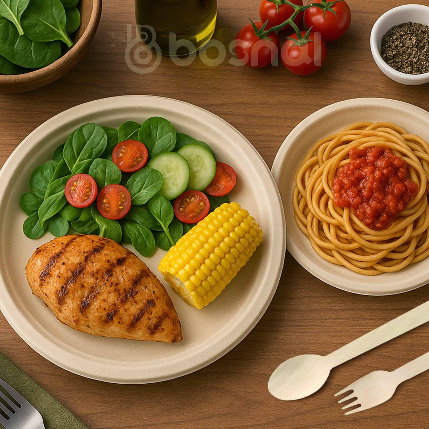 Bosnal - Sugarcane Bagasse Compostable 10 inch & 7 inch Round Plates with Cutlery