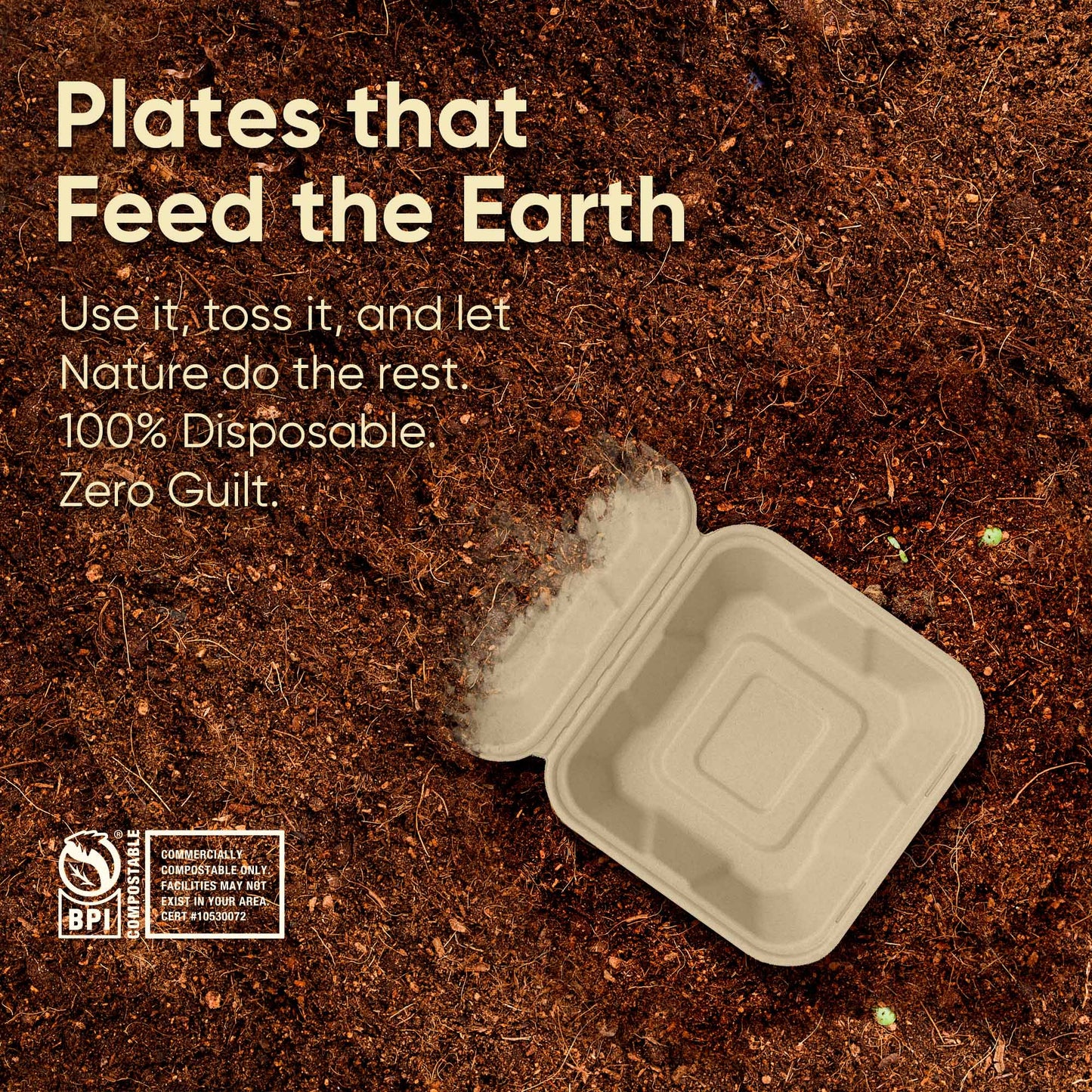 Bosnal - Sugarcane Bagasse Compostable Clamshell Boxes, 6 inch, Square