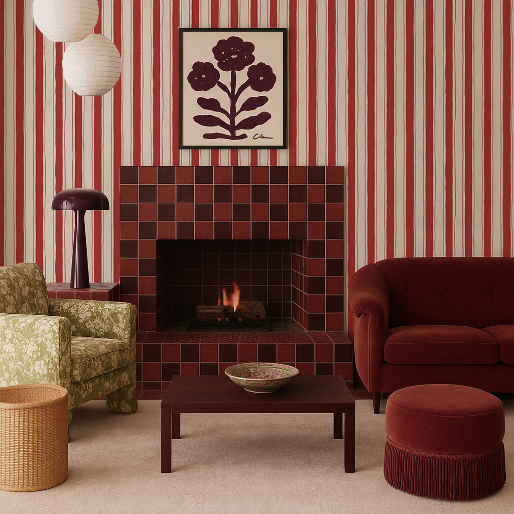 Riviera Stripe Wallpaper, off-white and red