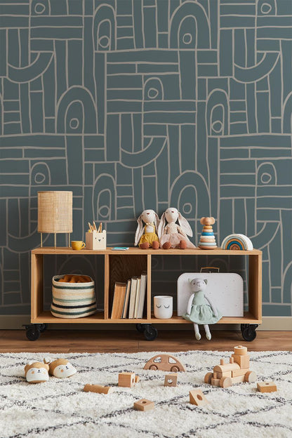 Deco Tile Wallpaper, dusty blue and white