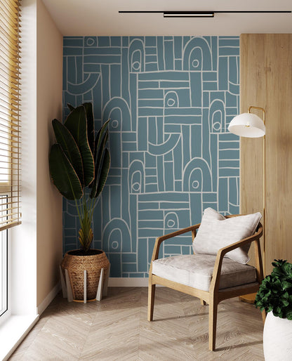 Deco Tile Wallpaper, dusty blue and white