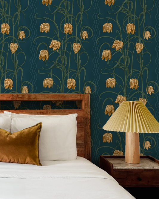 Campanas Wallpaper, dark blue and goldenrod