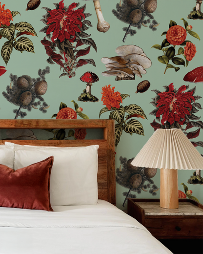 Shrooms Wallpaper, mint and red