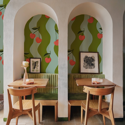 Wavy Cherry Wallpaper, teal and green