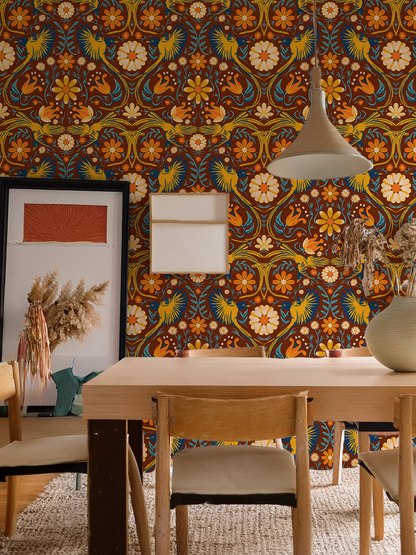 Folkie Birdie Wallpaper, rust, merigold & blue