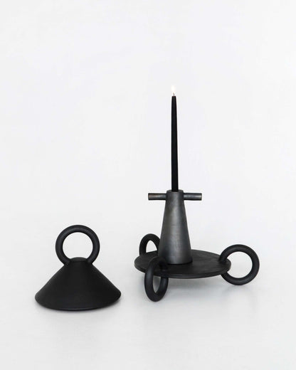 Black Stoneware Tall Candle Holder Motanka
