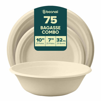 Bosnal – Sugarcane Bagasse Compostable 10 inch & 7 inch Round Plates with 32 Oz Bowls