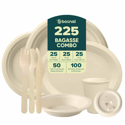 Bosnal – Sugarcane Bagasse Compostable 10 inch & 7 inch Round Plates, 10 inch Oval Plates, 16 Oz Bowls, 8 Oz Cups with Lids & Cutlery