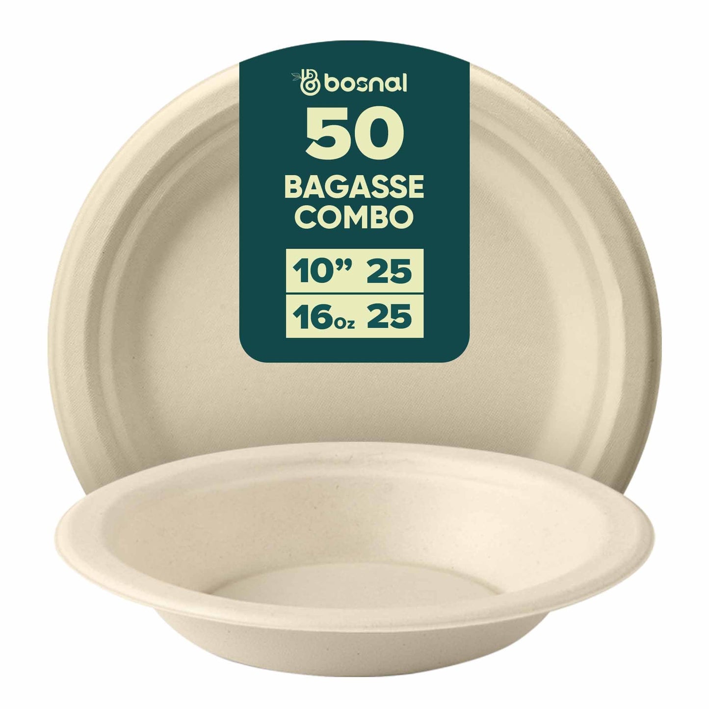 Bosnal - Sugarcane Bagasse Compostable 10 inch Round Plates with 16 Oz Bowls