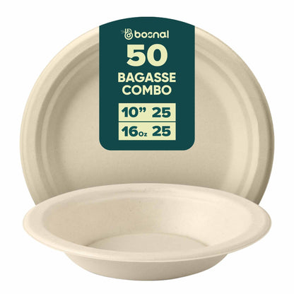 Bosnal - Sugarcane Bagasse Compostable 10 inch Round Plates with 16 Oz Bowls