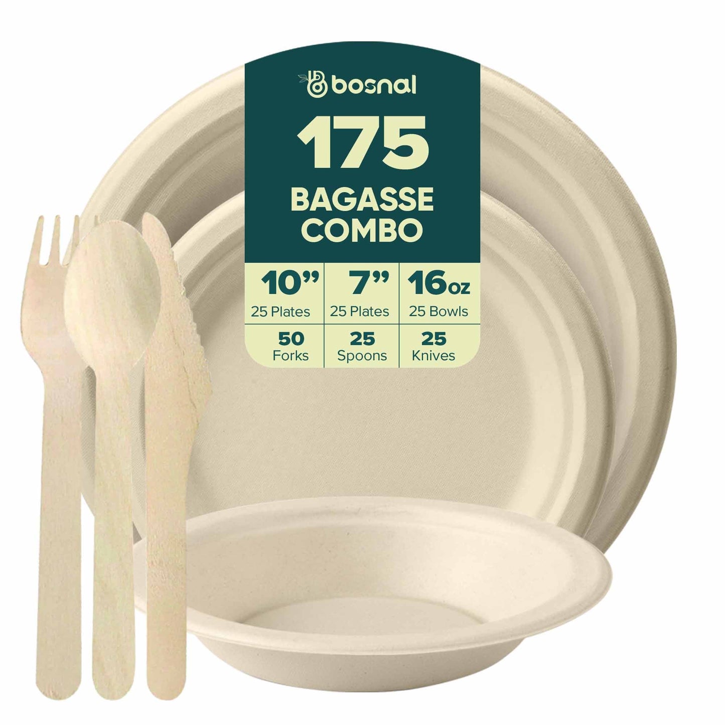 Bosnal – Sugarcane Bagasse Compostable 10 inch & 7 inch Round Plates with 16 Oz Bowls and Cutlery