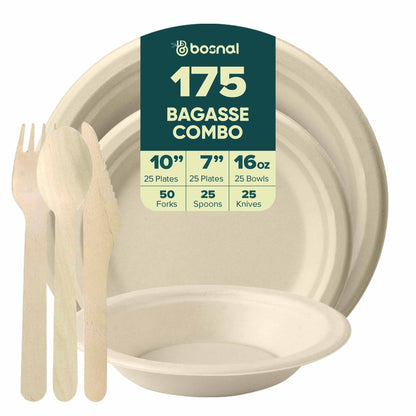 Bosnal – Sugarcane Bagasse Compostable 10 inch & 7 inch Round Plates with 16 Oz Bowls and Cutlery
