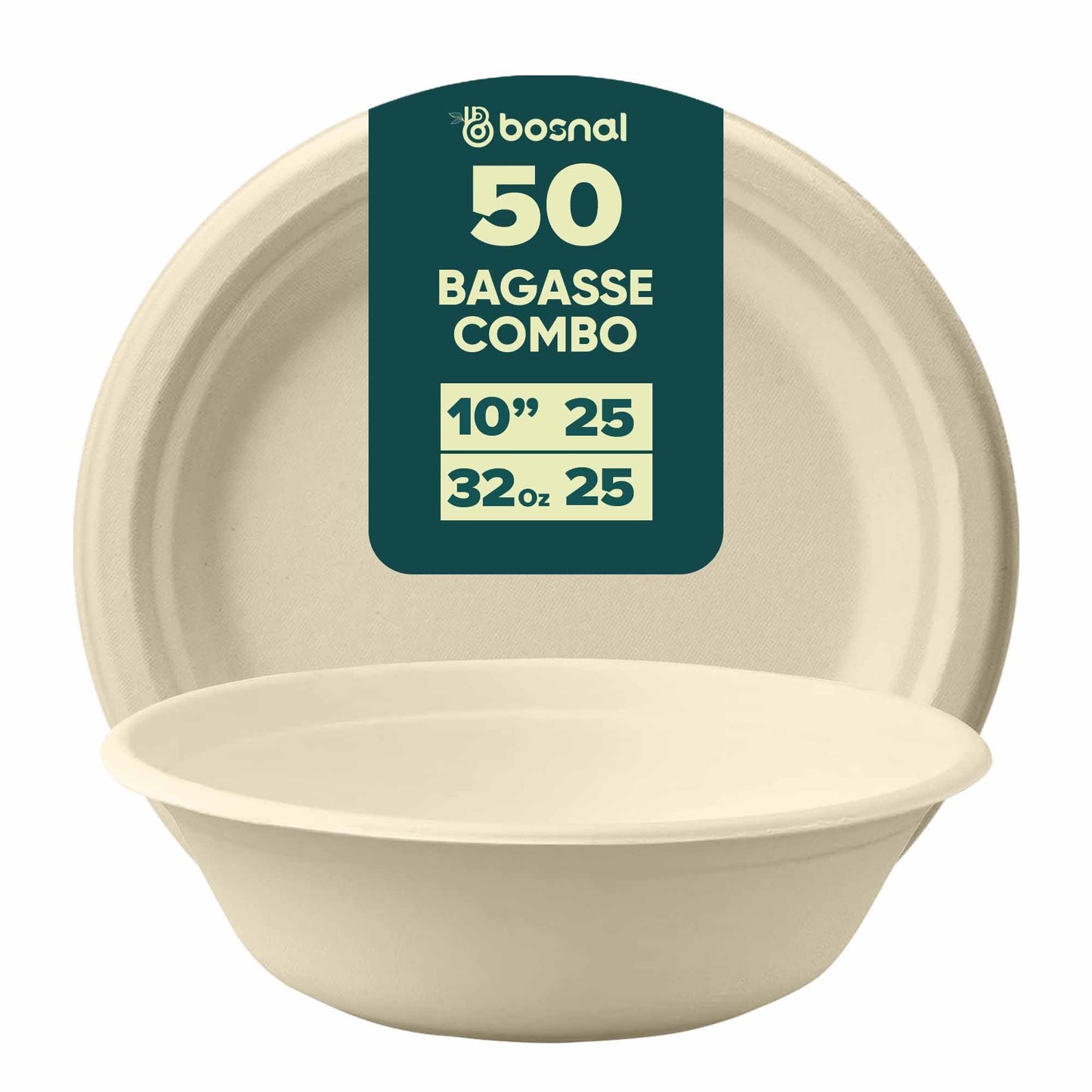 Bosnal - Sugarcane Bagasse Compostable 10 inch Round Plates with 32 Oz Bowls
