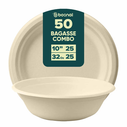 Bosnal - Sugarcane Bagasse Compostable 10 inch Round Plates with 32 Oz Bowls