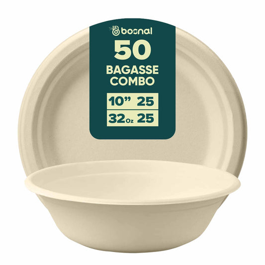 Bosnal - Sugarcane Bagasse Compostable 10 inch Round Plates with 32 Oz Bowls