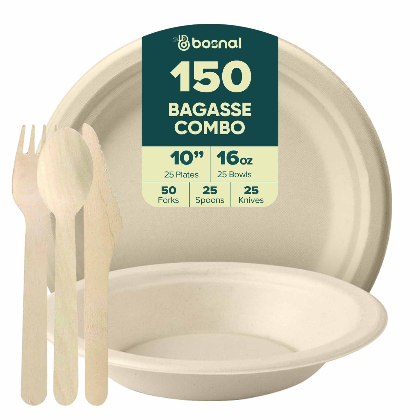 Bosnal – Sugarcane Bagasse Compostable 10 inch Round Plates with 16 Oz Bowls and Cutlery