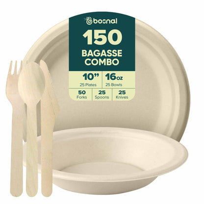 Bosnal – Sugarcane Bagasse Compostable 10 inch Round Plates with 16 Oz Bowls and Cutlery