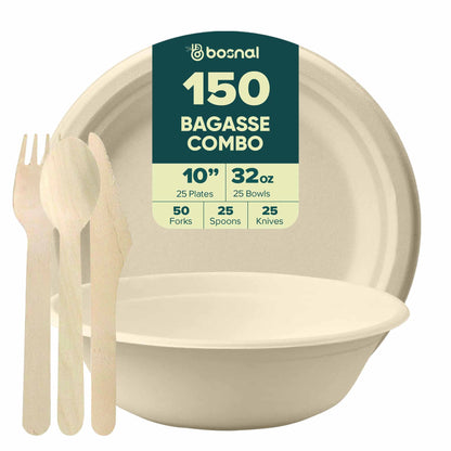 Bosnal – Sugarcane Bagasse Compostable 10 inch Round Plates with 32 Oz Bowls and Cutlery