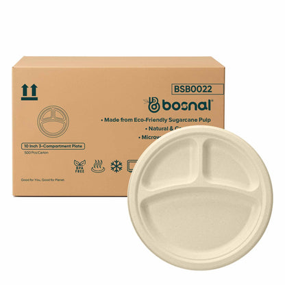 Bosnal - Sugarcane Bagasse Compostable 10 inch Round 3-Compartment Plates - Case of 20 (500 Pcs)