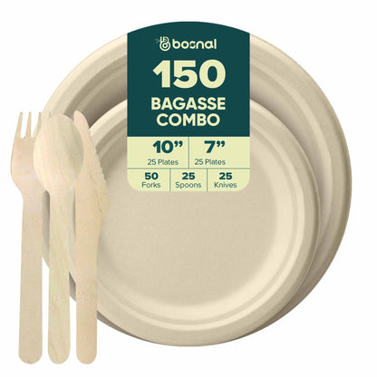 Bosnal - Sugarcane Bagasse Compostable 10 inch & 7 inch Round Plates with Cutlery