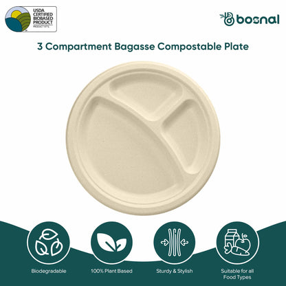 Bosnal - Sugarcane Bagasse Compostable Plates, 10 inch 3-Compartment, Round
