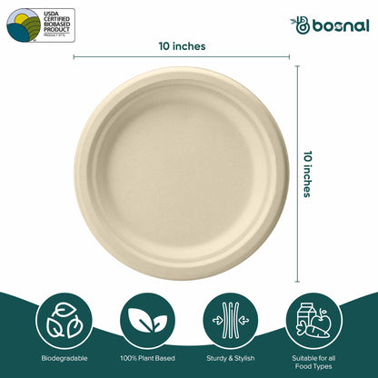 Bosnal - Sugarcane Bagasse Compostable 10 inch Round Plates - Case of 20 (500 Pcs)