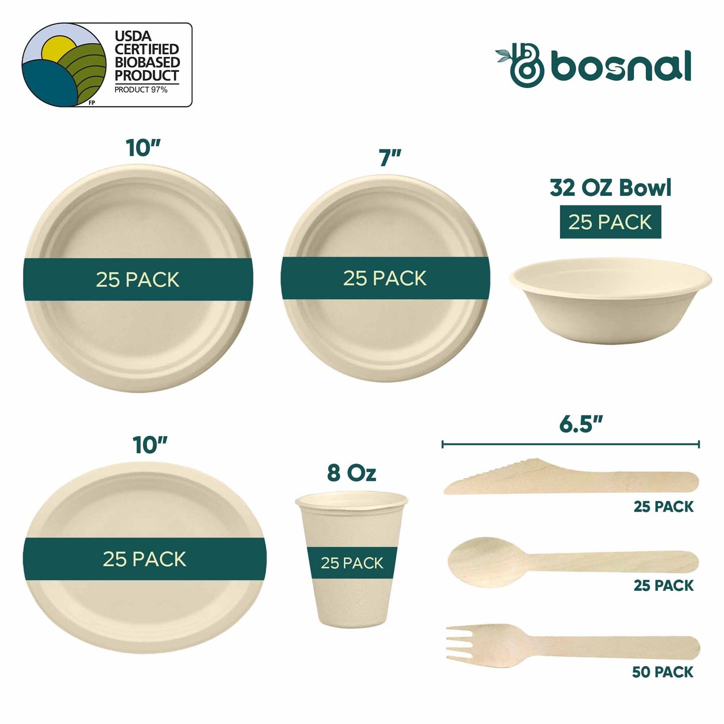 Bosnal – Sugarcane Bagasse Compostable 10 inch & 7 inch Round Plates, 10 inch Oval Plates, 32 Oz Bowls, 8 Oz Cups with Lids & Cutlery