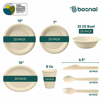 Bosnal – Sugarcane Bagasse Compostable 10 inch & 7 inch Round Plates, 10 inch Oval Plates, 32 Oz Bowls, 8 Oz Cups with Lids & Cutlery