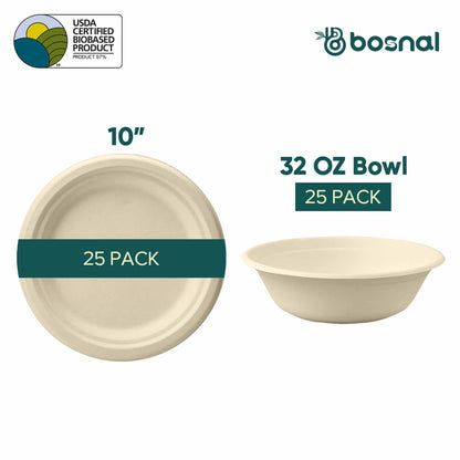 Bosnal - Sugarcane Bagasse Compostable 10 inch Round Plates with 32 Oz Bowls