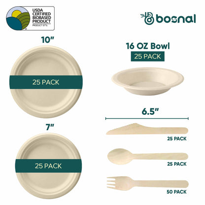 Bosnal – Sugarcane Bagasse Compostable 10 inch & 7 inch Round Plates with 16 Oz Bowls and Cutlery