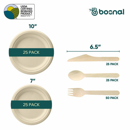 Bosnal - Sugarcane Bagasse Compostable 10 inch & 7 inch Round Plates with Cutlery