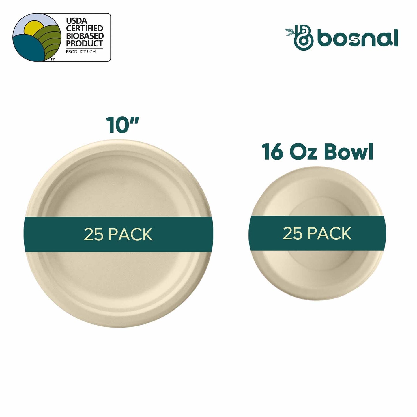 Bosnal - Sugarcane Bagasse Compostable 10 inch Round Plates with 16 Oz Bowls