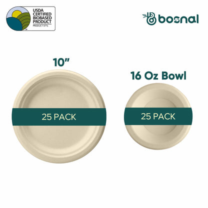 Bosnal - Sugarcane Bagasse Compostable 10 inch Round Plates with 16 Oz Bowls