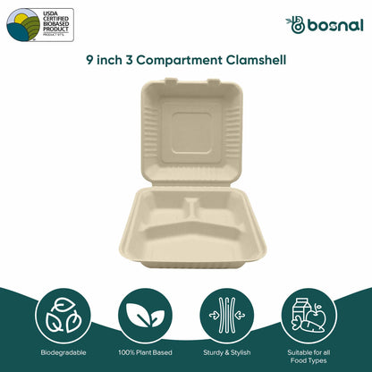 Bosnal - Sugarcane Bagasse Compostable Clamshell Boxes, 9 inch 3-Compartment, Square