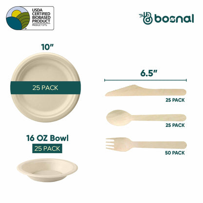 Bosnal – Sugarcane Bagasse Compostable 10 inch Round Plates with 16 Oz Bowls and Cutlery