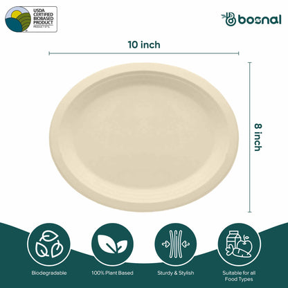 Bosnal - Sugarcane Bagasse Compostable 10 inch Oval Plates - Case of 20 (500 Pcs)