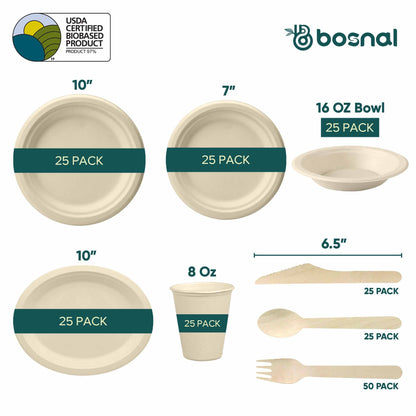Bosnal – Sugarcane Bagasse Compostable 10 inch & 7 inch Round Plates, 10 inch Oval Plates, 16 Oz Bowls, 8 Oz Cups with Lids & Cutlery