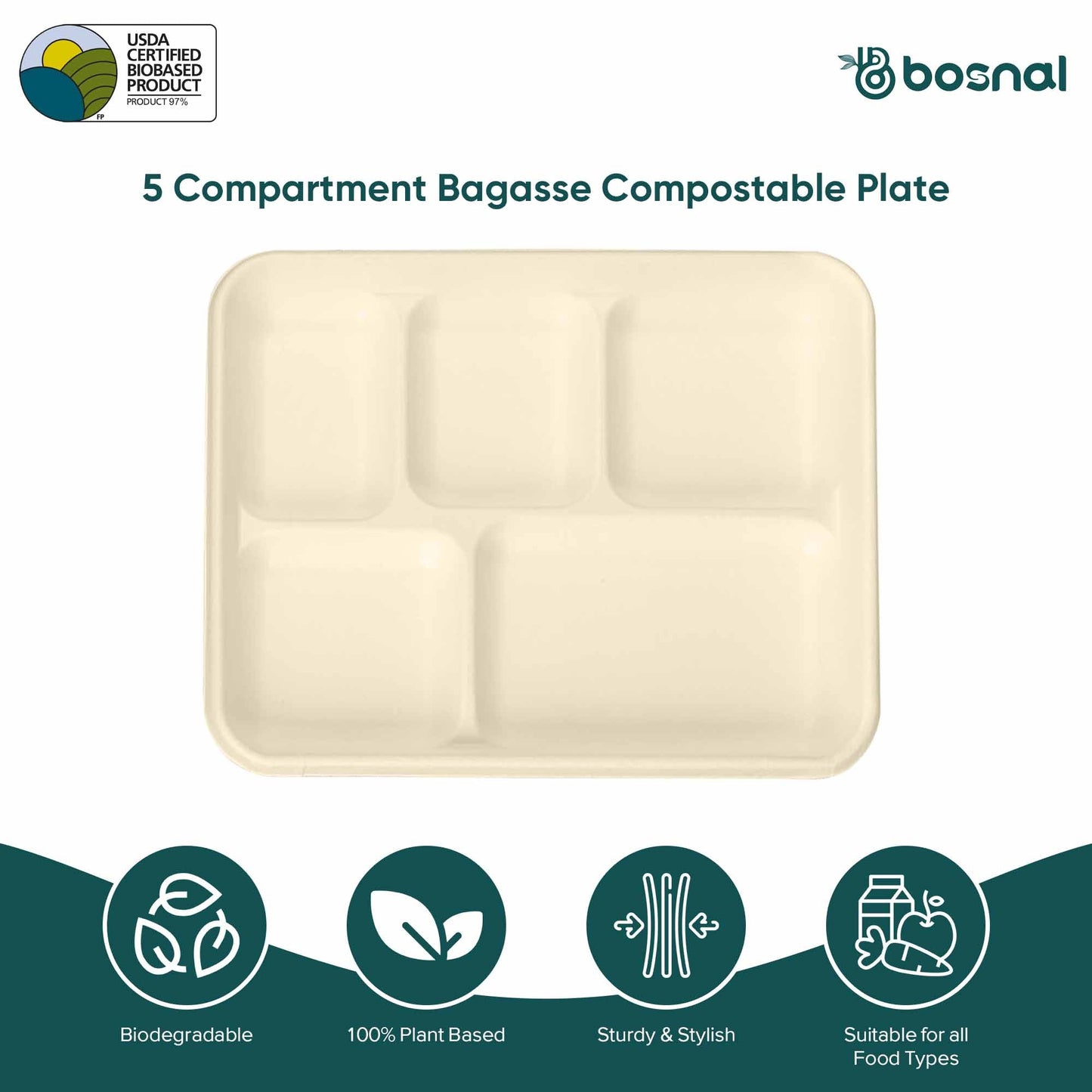 Bosnal - Sugarcane Bagasse Compostable Trays, 10 inch 5-Compartment, Rectangle