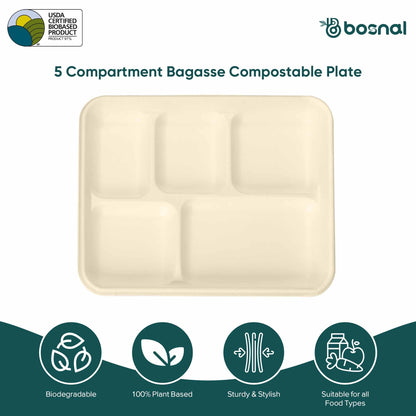 Bosnal - Sugarcane Bagasse Compostable Trays, 10 inch 5-Compartment, Rectangle
