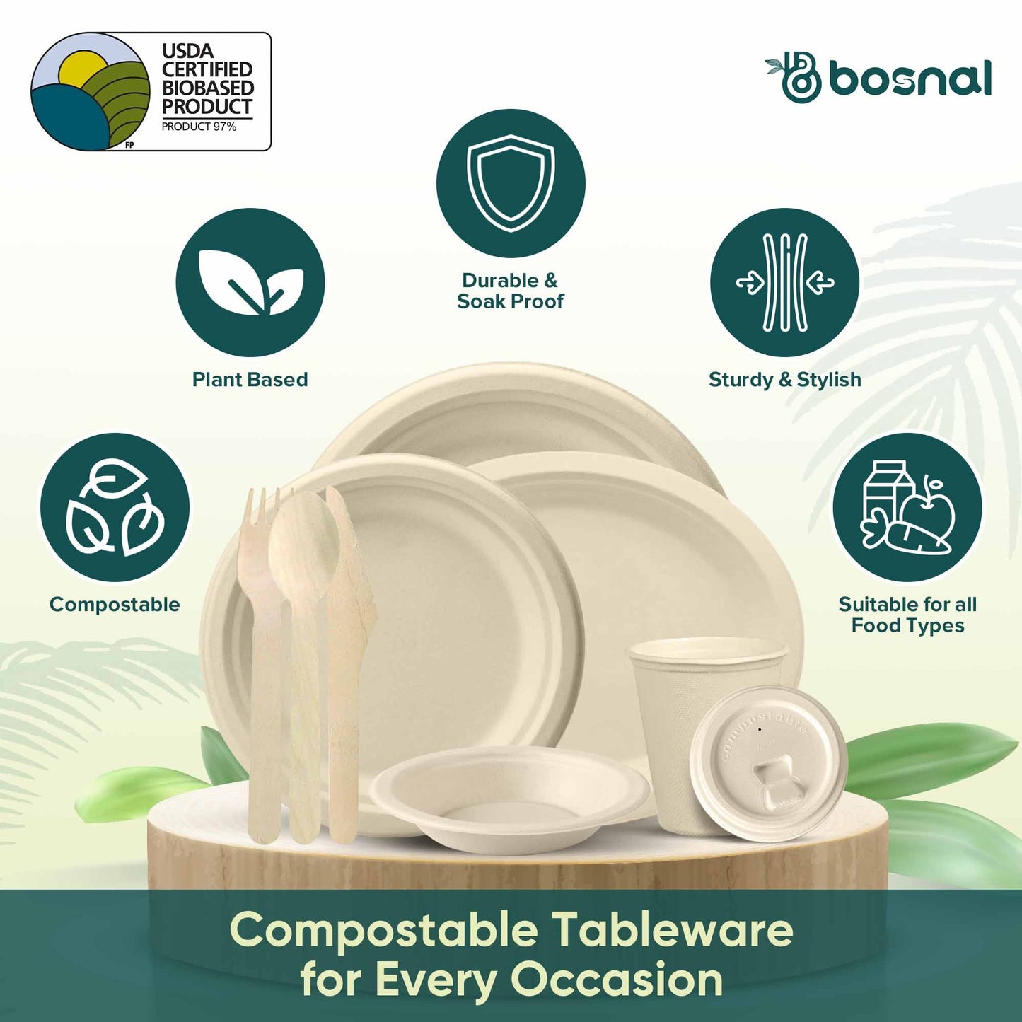 Bosnal – Sugarcane Bagasse Compostable 10 inch & 7 inch Round Plates, 10 inch Oval Plates, 16 Oz Bowls, 8 Oz Cups with Lids & Cutlery