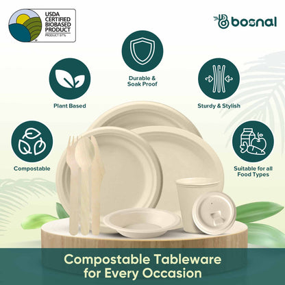 Bosnal – Sugarcane Bagasse Compostable 10 inch & 7 inch Round Plates, 10 inch Oval Plates, 16 Oz Bowls, 8 Oz Cups with Lids & Cutlery