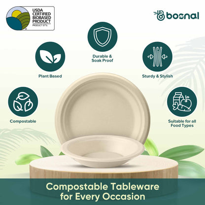 Bosnal - Sugarcane Bagasse Compostable 10 inch Round Plates with 16 Oz Bowls