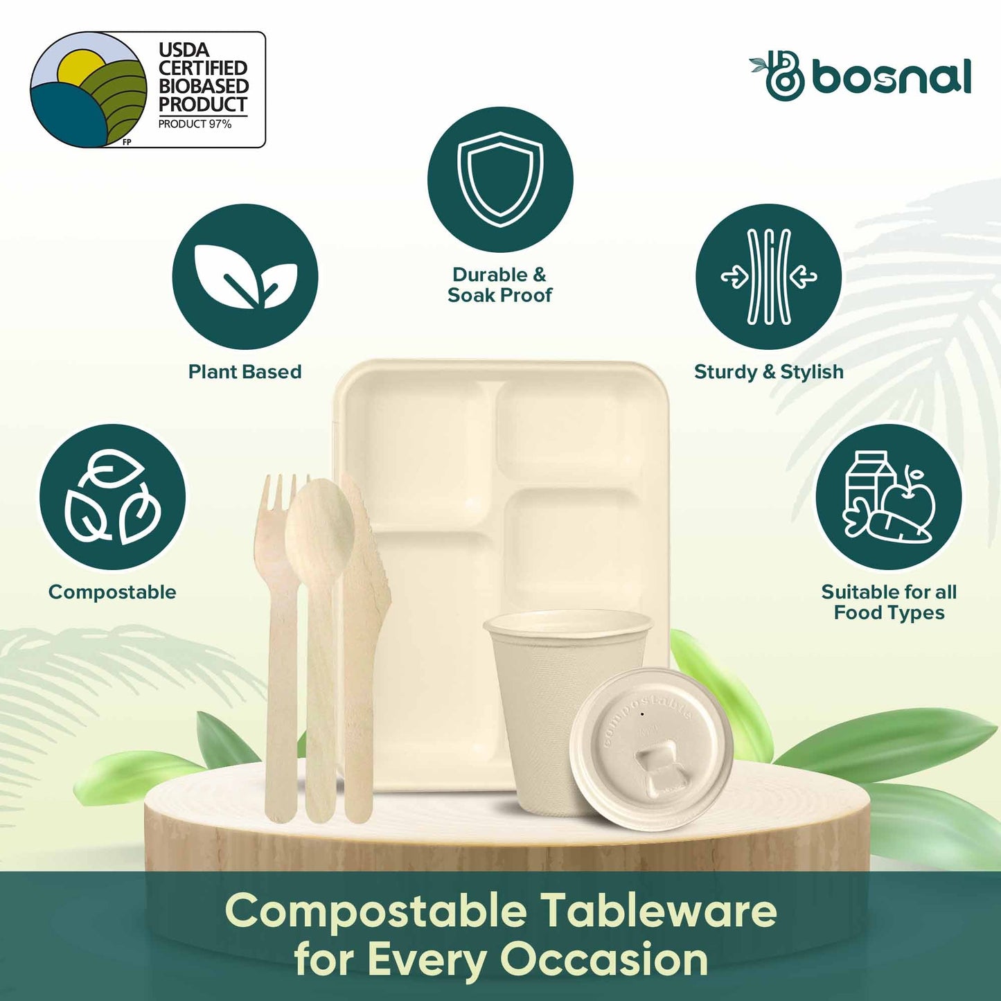 Bosnal – Sugarcane Bagasse Compostable 5-Compartment Trays & 8 Oz Cups with Lids & Cutlery