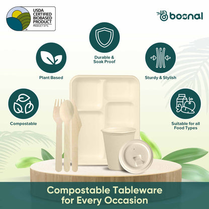 Bosnal – Sugarcane Bagasse Compostable 5-Compartment Trays & 8 Oz Cups with Lids & Cutlery