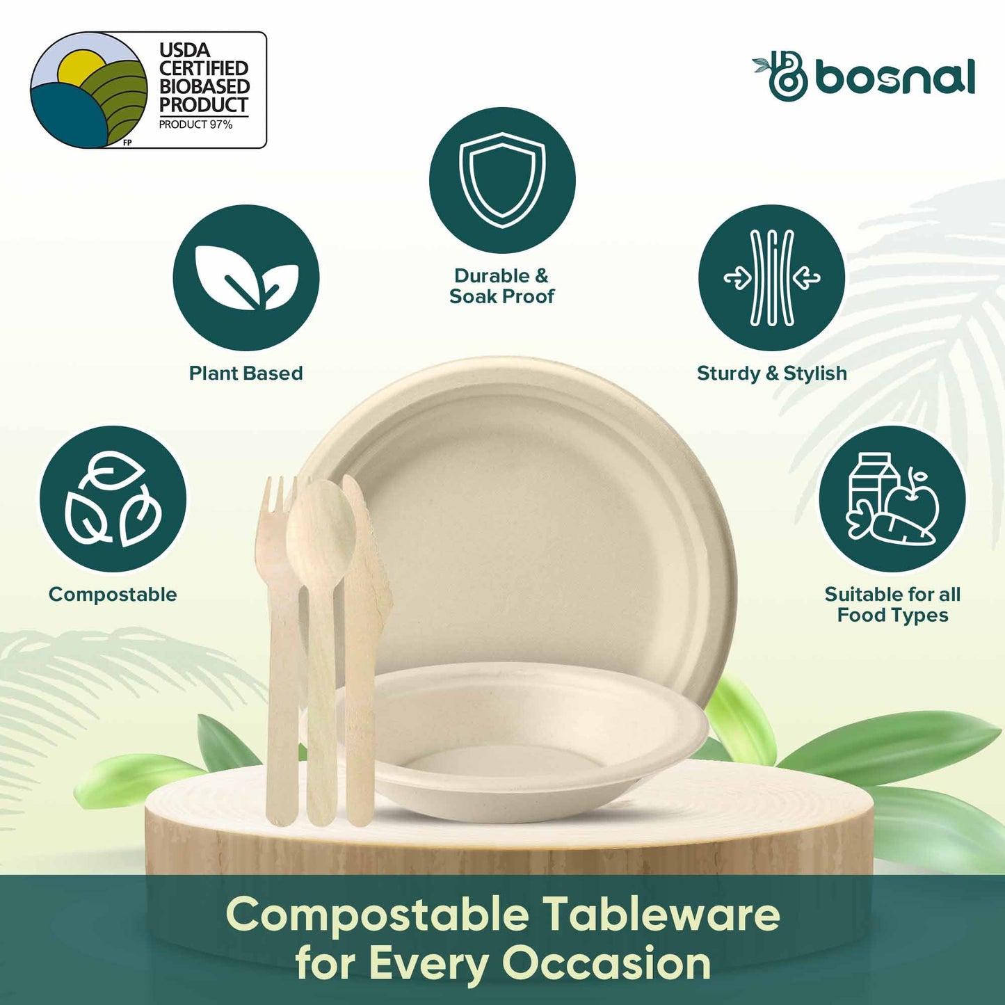 Bosnal – Sugarcane Bagasse Compostable 10 inch Round Plates with 16 Oz Bowls and Cutlery