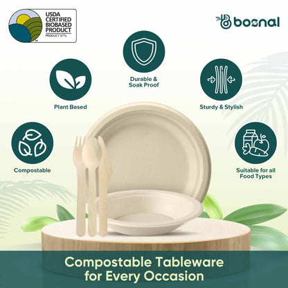 Bosnal – Sugarcane Bagasse Compostable 10 inch Round Plates with 16 Oz Bowls and Cutlery