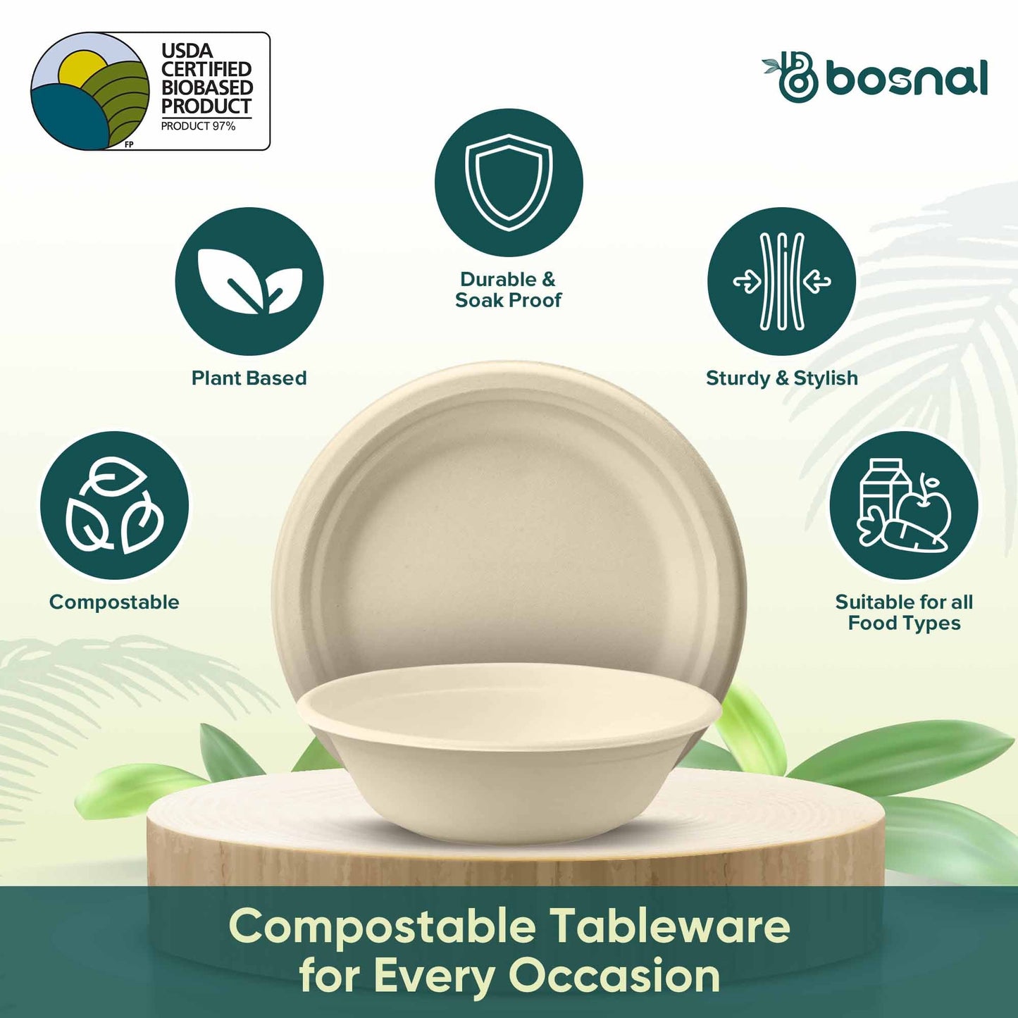Bosnal - Sugarcane Bagasse Compostable 10 inch Round Plates with 32 Oz Bowls