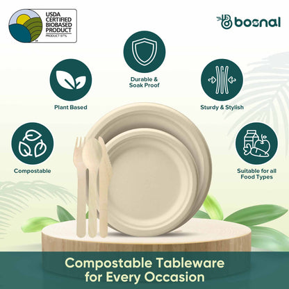Bosnal - Sugarcane Bagasse Compostable 10 inch & 7 inch Round Plates with Cutlery