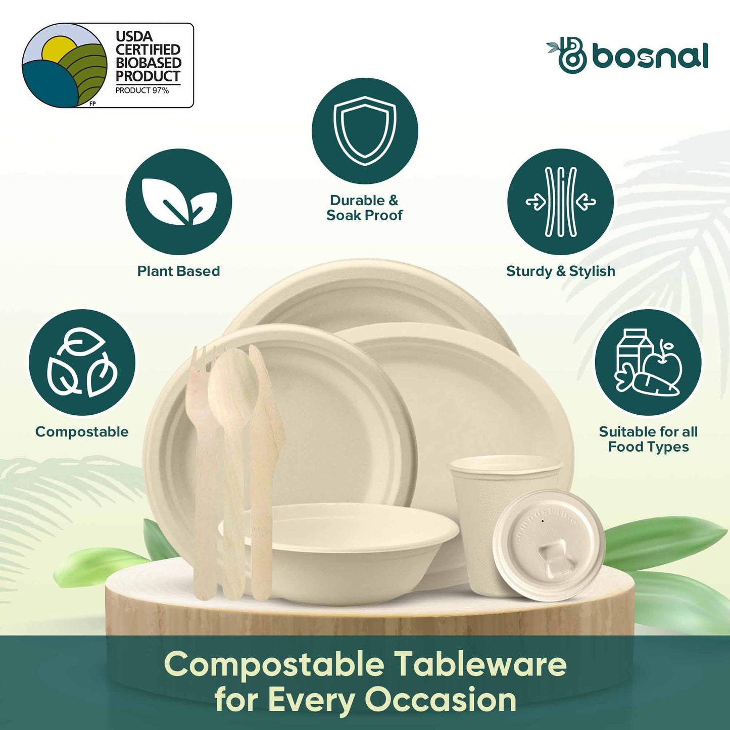 Bosnal – Sugarcane Bagasse Compostable 10 inch & 7 inch Round Plates, 10 inch Oval Plates, 32 Oz Bowls, 8 Oz Cups with Lids & Cutlery